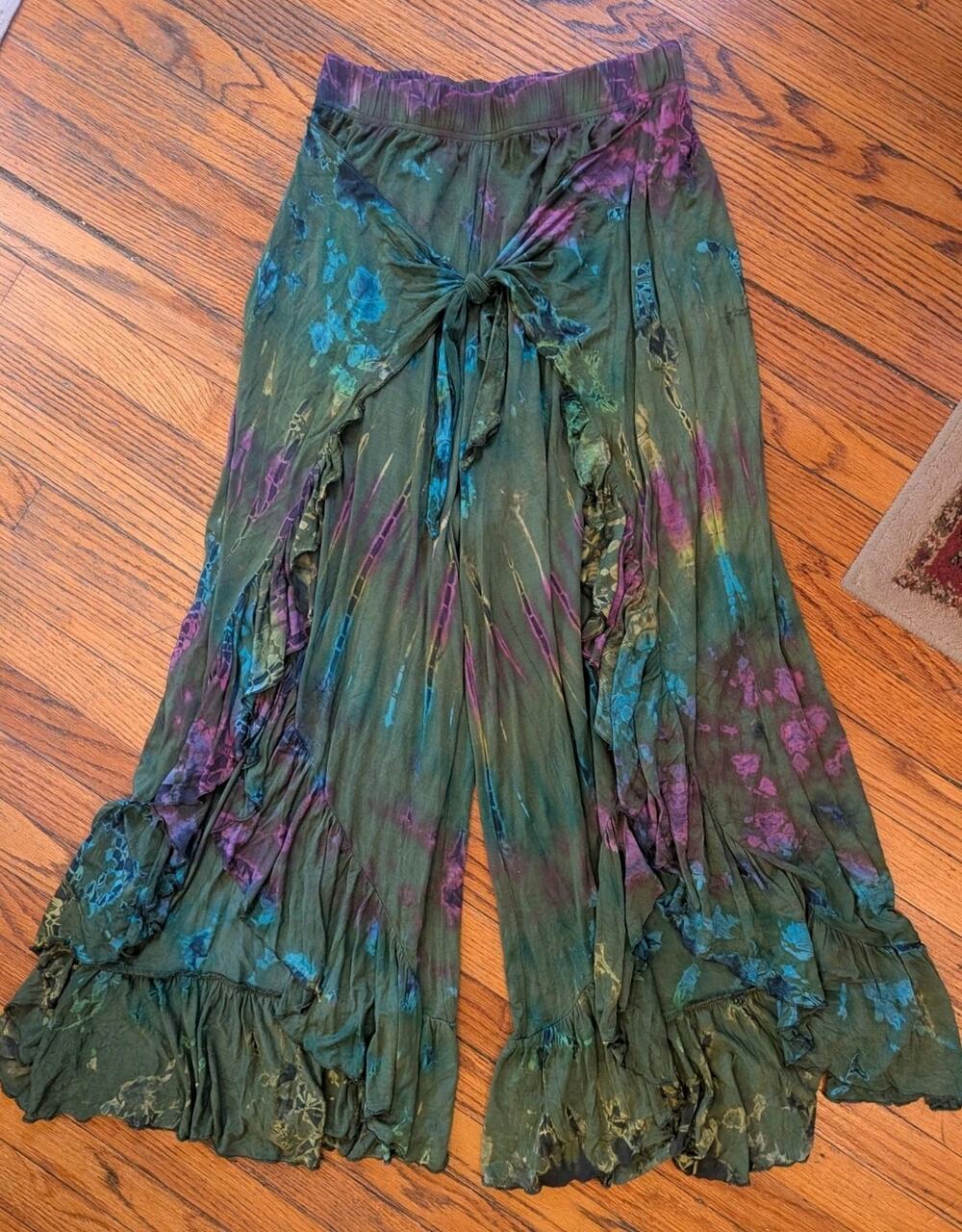 bohemian hippie boho Gypsy Rose wide leg pants tie dye ruffle tie Free Onesize